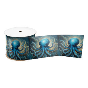Celestial Waves: De Blauwe Octopus Fractal Art Satijnen Lint