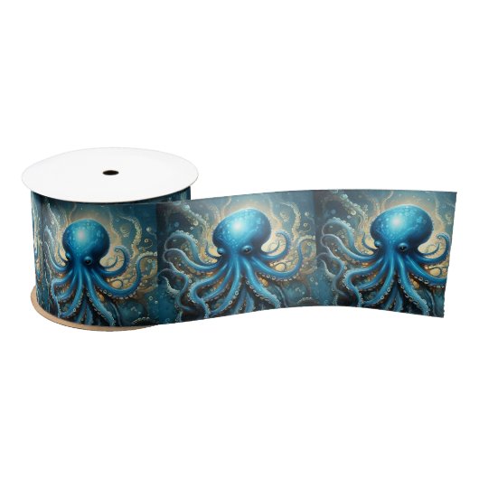 Celestial Waves: De Blauwe Octopus Fractal Art Satijnen Lint (Spoel)