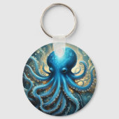 Celestial Waves: De Blauwe Octopus Fractal Art Sleutelhanger (Voorkant)