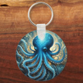 Celestial Waves: De Blauwe Octopus Fractal Art Sleutelhanger (Voorkant)