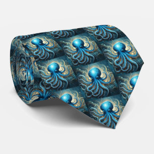Celestial Waves: De Blauwe Octopus Fractal Art Stropdas