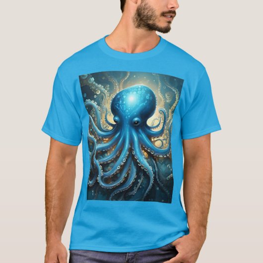 Celestial Waves: De Blauwe Octopus Fractal Art T-shirt (Voorkant)