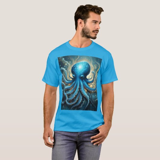 Celestial Waves: De Blauwe Octopus Fractal Art T-shirt (Voorkant volledig)