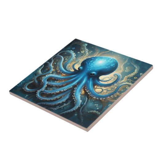 Celestial Waves: De Blauwe Octopus Fractal Art Tegeltje (Zijkant)