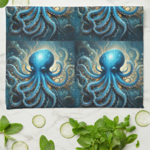 Celestial Waves: De Blauwe Octopus Fractal Art Theedoek