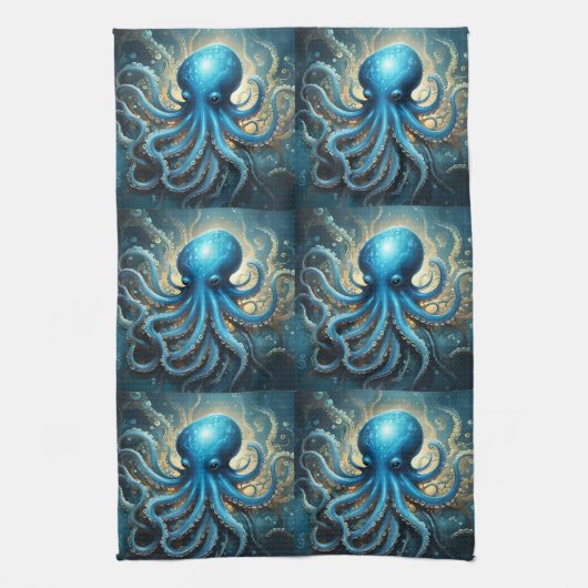 Celestial Waves: De Blauwe Octopus Fractal Art Theedoek (Verticaal)
