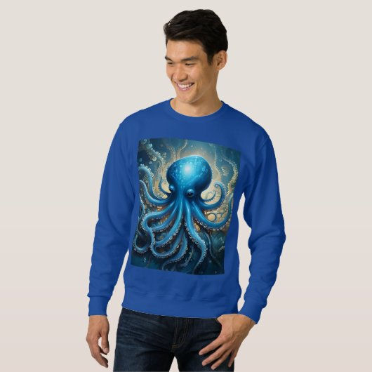 Celestial Waves: De Blauwe Octopus Fractal Art Trui (Voorkant volledig)