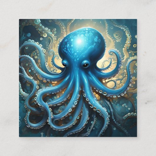 Celestial Waves: De Blauwe Octopus Fractal Art Vierkante Visitekaartje (Achterkant)