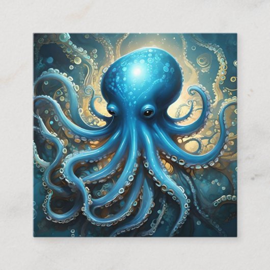 Celestial Waves: De Blauwe Octopus Fractal Art Vierkante Visitekaartje (Voorkant)