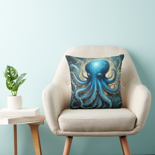 Celestial Waves: The Blue Octopus Fractal Art Kussen (Stoel)
