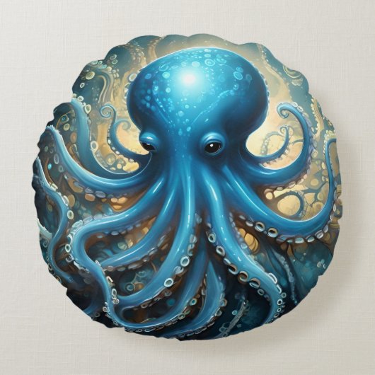 Celestial Waves: The Blue Octopus Fractal Art Rond Kussen (Voorkant)