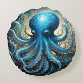 Celestial Waves: The Blue Octopus Fractal Art Rond Kussen (Achterkant)
