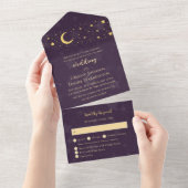 Celestial Wedding Deep Paarse Moon en Stars All In One Uitnodiging (Afscheurbaar)