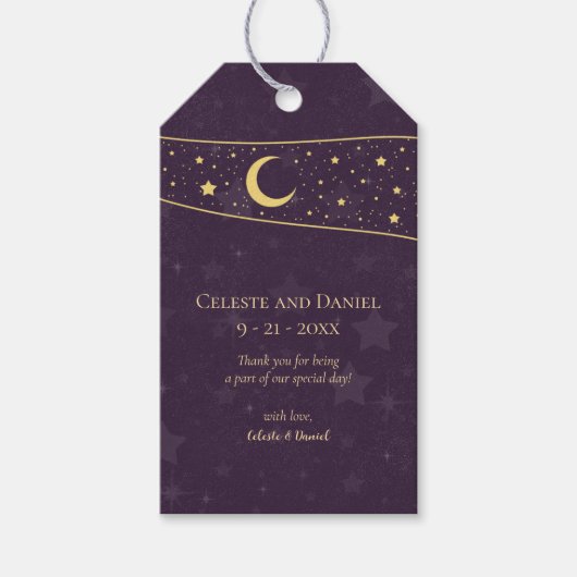 Celestial Wedding Deep Paarse Stars en Moon Cadeaulabel (Voorkant)