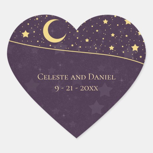 Celestial Wedding Deep Paarse Stars en Moon Hart Sticker (Voorkant)