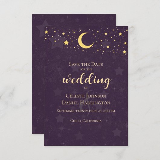 Celestial Wedding Deep Paarse Stars Moon Save The Date (Voorkant / Achterkant)