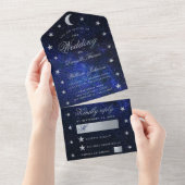 Celestial Wedding Elegant Blue Silver Stars Moon All In One Uitnodiging (Afscheurbaar)