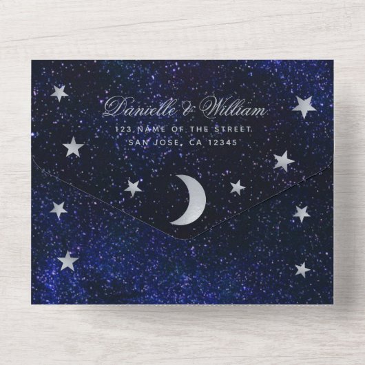 Celestial Wedding Elegant Blue Silver Stars Moon All In One Uitnodiging (Achterkant)
