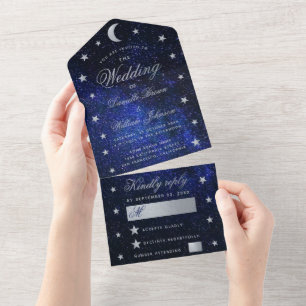 Celestial Wedding Elegant Blue Silver Stars Moon All In One Uitnodiging
