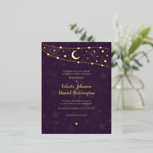 Celestial Wedding Fancy Gold Deep Paarse Folie Uitnodiging Briefkaart (Staand Voorkant)