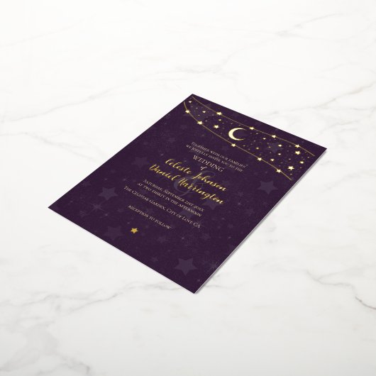 Celestial Wedding Fancy Gold Deep Paarse Folie Uitnodiging Briefkaart (Gedraaid)