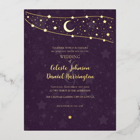 Celestial Wedding Fancy Gold Deep Paarse Folie Uitnodiging Briefkaart (Voorkant)