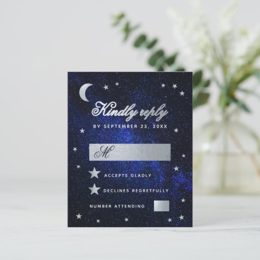 Celestial Wedding Faux Silver Stars Budget RSVP (Staand voorkant)