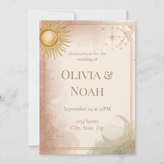 Celestial Wedding Invitation Pink Sage Gold Stars Kaart (Voorkant)