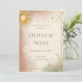 Celestial Wedding Invitation Pink Sage Gold Stars Kaart (Staand voorkant)