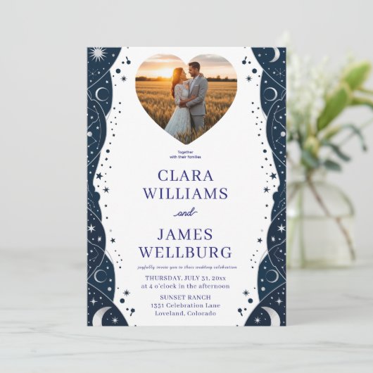 Celestial Wedding Nodig Sjabloon uit - Deep Blue & Kaart (Staand voorkant)