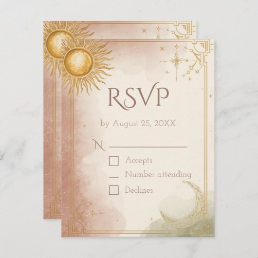 Celestial Wedding RSVP Card QR Code Pink Sage Gold (Voorkant / Achterkant)
