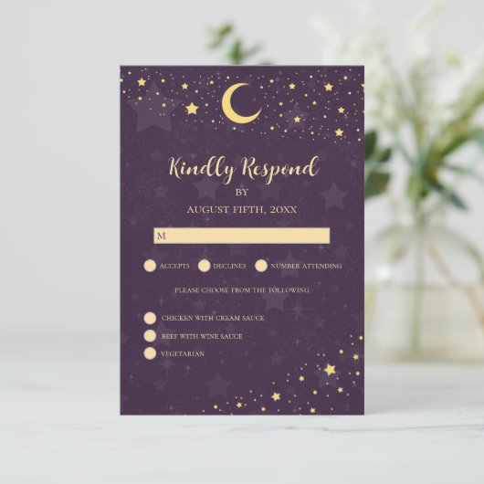 Celestial Wedding RSVP Paarse sterren (Staand voorkant)