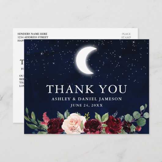 Celestial Wedding Sky Moon Sterren Bloemen Dank u Briefkaart (Voorkant / Achterkant)