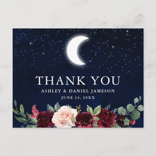 Celestial Wedding Sky Moon Sterren Bloemen Dank u Briefkaart (Voorkant)