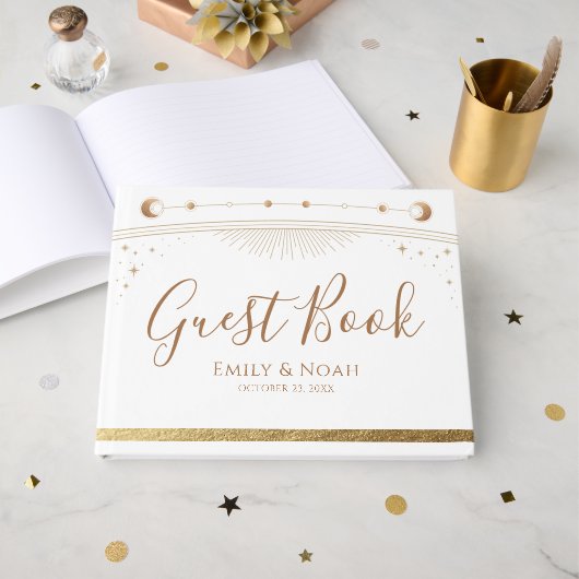 Celestial White Gold Sun Moon Stars Wedding  Gastenboek (Voorkant open)