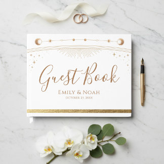 Celestial White Gold Sun Moon Stars Wedding Gastenboek