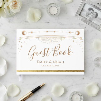 Celestial White Gold Sun Moon Stars Wedding Gastenboek
