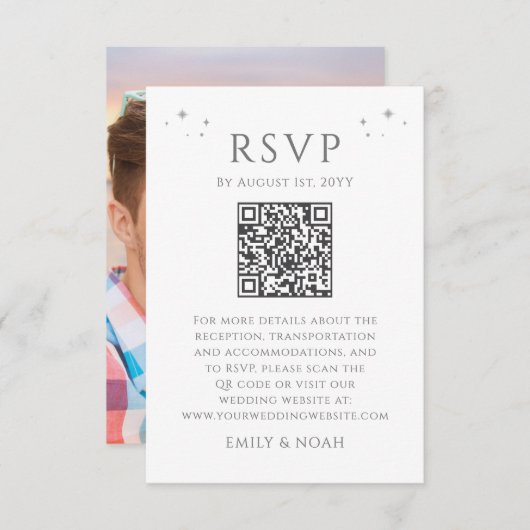 Celestial White Silver Budget QR Code RSVP Foto Informatiekaartje (Voorkant / Achterkant)