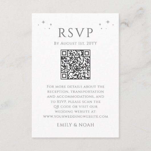 Celestial White Silver Budget QR Code RSVP Foto Informatiekaartje (Voorkant)