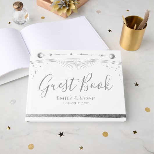 Celestial White Silver Sun Moon Stars Wedding  Gastenboek (Voorkant open)