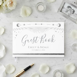 Celestial White Silver Sun Moon Stars Wedding  Gastenboek