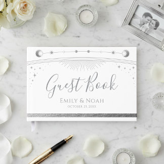 Celestial White Silver Sun Moon Stars Wedding Gastenboek