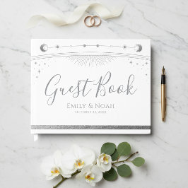 Celestial White Silver Sun Moon Stars Wedding  Gastenboek