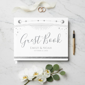 Celestial White Silver Sun Moon Stars Wedding Gastenboek