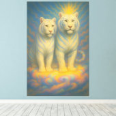 Celestial White Tiger Couple – Warm Golden Aura Fi Canvas Afdruk (Insitu (Houten vloer))