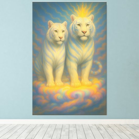 Celestial White Tiger Couple – Warm Golden Aura Fi Canvas Afdruk (Insitu (Houten vloer))