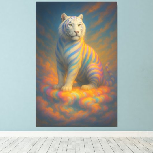 Celestial White Tiger – Divine Pastel Aura Fantasy Canvas Afdruk (Insitu (Houten vloer))