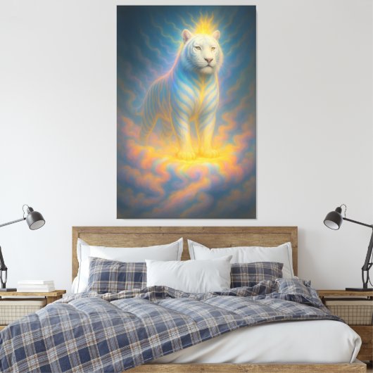 Celestial White Tiger – Divine Rainbow Aura Fantas Canvas Afdruk (Insitu (Slaapkamer))