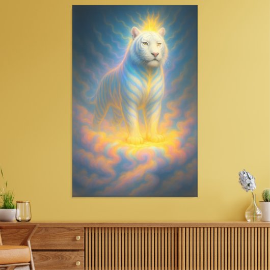 Celestial White Tiger – Divine Rainbow Aura Fantas Canvas Afdruk (Insitu (Woonkamer))