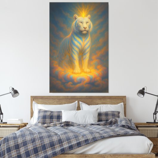 Celestial White Tiger – Golden Halo Divine Fantasy Canvas Afdruk (Insitu (Slaapkamer))